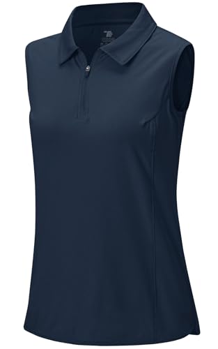 Rdruko Poloshirt Damen Ärmellos Polohemd Atmungsaktiv mit 1/4 Reißverschluss Schnelltrocknendes Sport Oberteil für Golf Tennis und Outdoor - Dunkelblau XXL