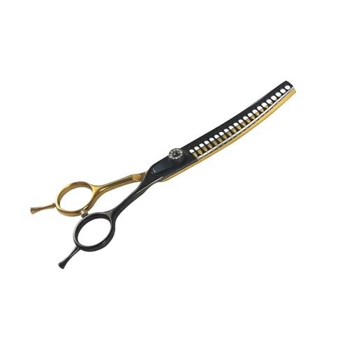 7 Curved Chunker Dog Grooming Scissors 21 Teeth T-Shape (70% Thinning) Black & Gold Pet Shear Professional Texturizing Scissors for Dogs Professional Ergonomic Handle 6Cr13 Stainless Steel