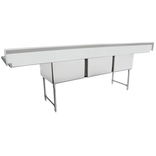 Image of EMPURA 124 inch Wide Stainless Steel Three Compartment Commercial Sink | Prep Utility 24 inch x 24 inch Bowl for Restaurant Laundry | (2) 24 inch Drainboard, 9.75 inch Backsplash, 124 inchW x 29.5 inchD x 44.25 inchH, 16 Gauge, NSF