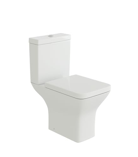 iBathUK Venice Close Coupled Toilet Ceramic Toilet Pan with Chrome Dual Flush Cistern Soft Close Quick Release Toilet Seat for Bathroom-White Gloss Square Shape