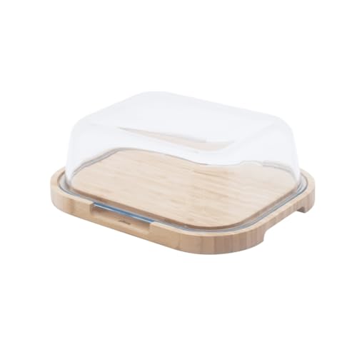 Pebbly Käsebox mit Glasglocke und Bambusplatte – 27 x 21,5 x 9,5 cm – für 3 bis 4 Käse, kleines kompaktes Format, ideal zum Aufbewahren und Servieren, natürliche Materialien, BPA-frei