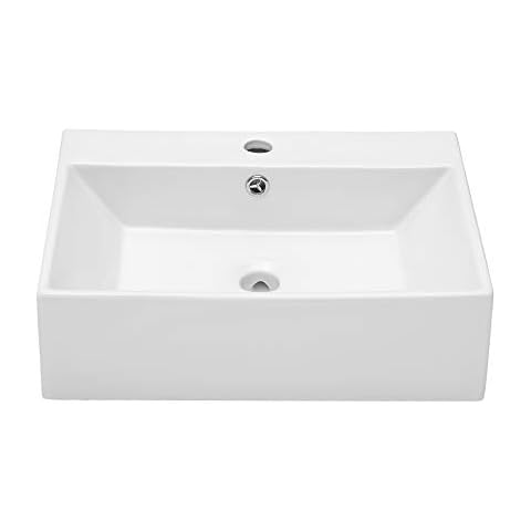 Wall Mounted Bathroom Vessel Sink 20''x18'' - Beslend Rectangle Above Counter White Porcelain Ceramic Vessel Vanity Sink Washing Art Basin with Faucet Hole and Overflow Cover