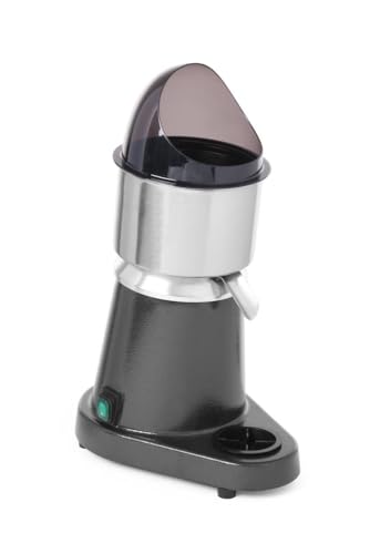 HENDI Zitruspresse, Elektrisch, inklusief Sprizschutz, 1500 Umdrehungen pro Minute, 3 verschiedenen ABS Presskegeln, 230V, 180W, 308x218x(463), Edelstahl, Polycarbonaat, ABS Kunststoff