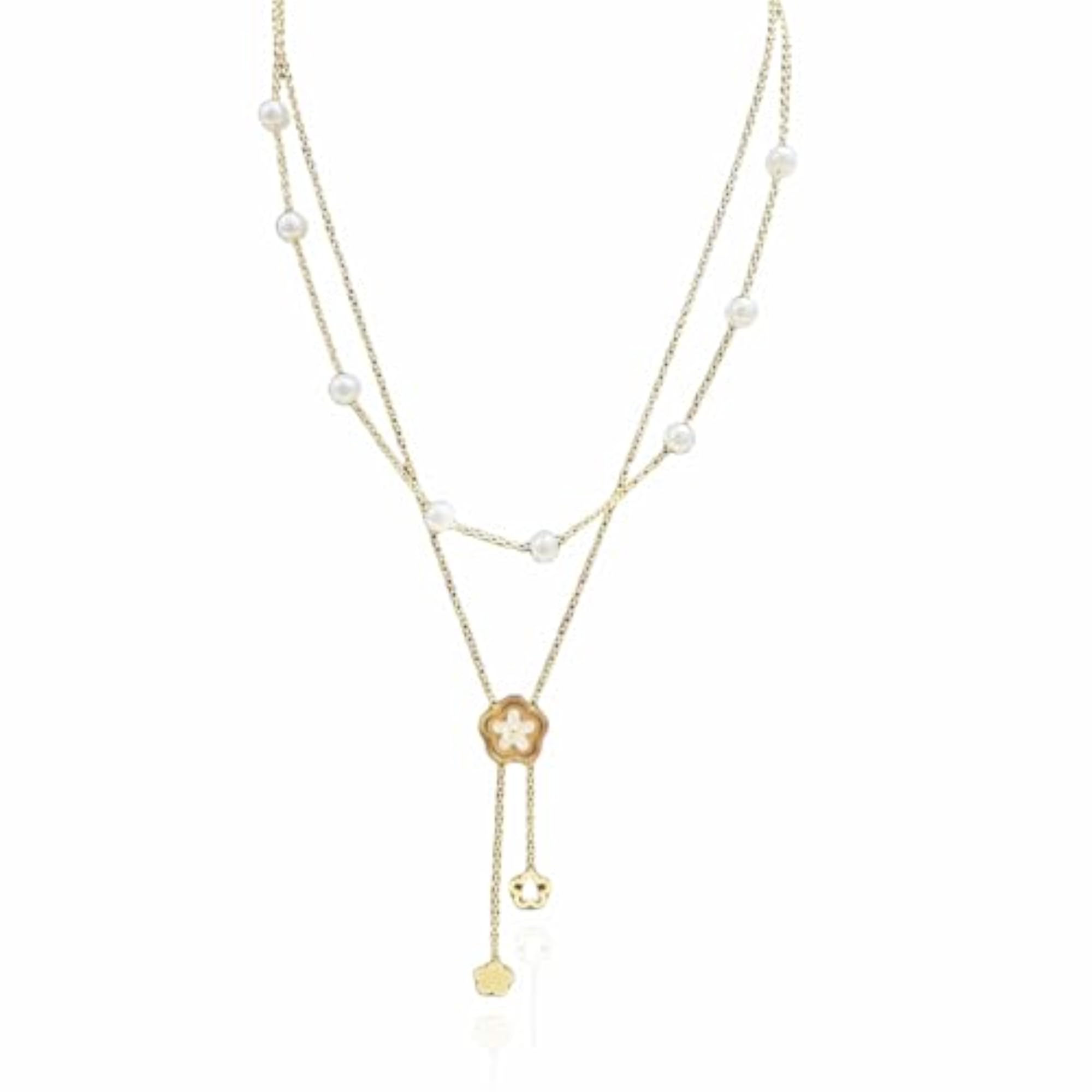 Double Layer Pearl Necklace with Gold-Tone Flower Pendant, Gift for Her