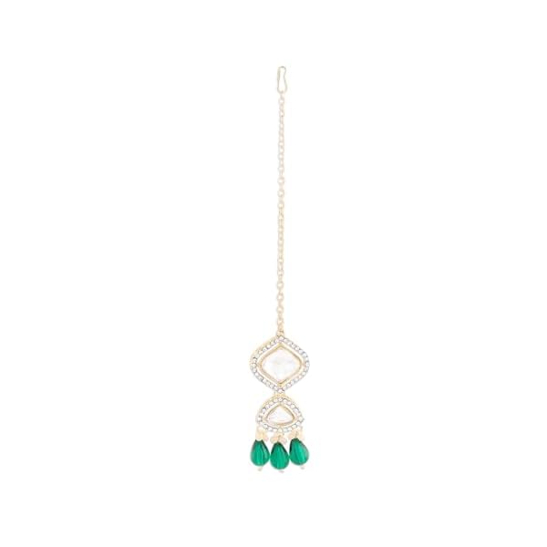 ZAVERI PEARLS Green Bead Austrian Diamonds Bridal Choker Necklace Earring Maangtikka Set For Women-ZPFK17312 - Image 8