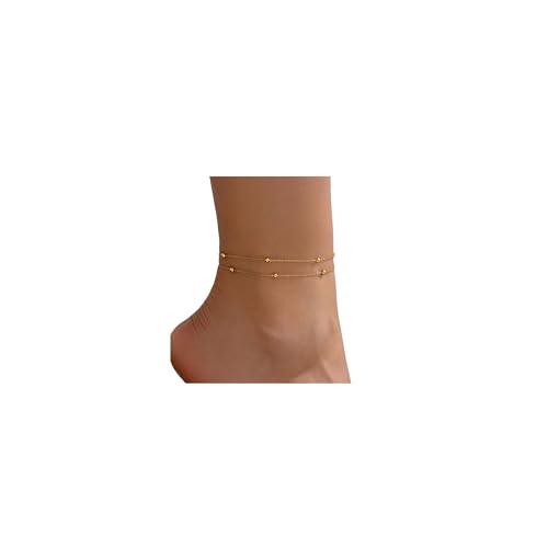 Image of 18K Gold Plated Boho Beaded Anklets for Women Dainty Gold Layered Round Ball Ankle Bracelet Pearl Cross Anklet Bracelet Waterproof Gold Jewelry