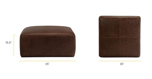 Image of Poly & BARK Sequoia Ottoman - 35 inch Square Pouf with Feather-Down Topper - Full-Grain Leather Upholstered Pouf Ottoman for Living Room - Vintage Italian Leather in Chocolate Brown