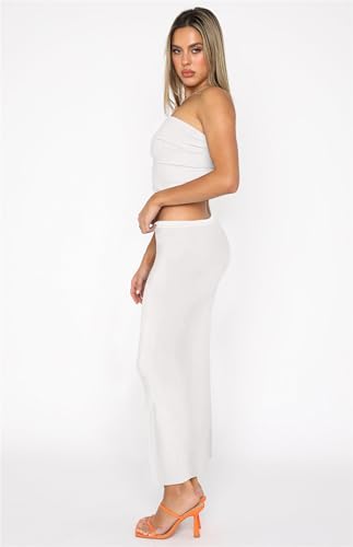 Image of Skirt Sets Women 2 Piece Outfits - Sexy Two Pc Sleeveless Strapless Tube Crop Top Bodycon Midi Skirts Set White XL