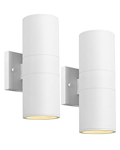 Image of Ken & Ricky Cylinder Outdoor Wall Sconce Lights,Up and Down, White, 2 Pack | Aluminum Waterproof Outdoor Wall light,No Glare,Exterior Lighting Fixtures,E26 Base,For Porch House Garage Front Door Patio