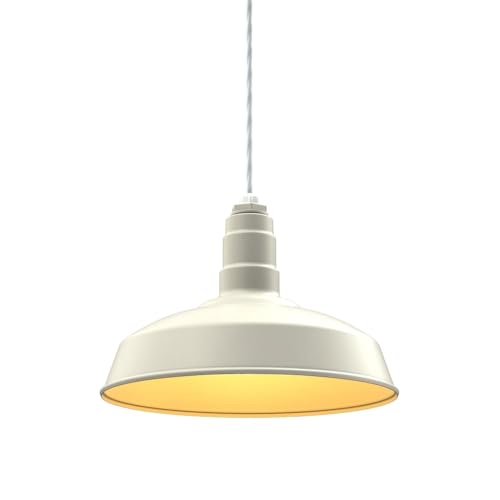 Image of Steel Lighting Co. Carson Barn Light | Ceiling Mounted Pendant | 16 inch Dome | 4' White Cord | Industrial Style Steel Light Made in America | Cream Exterior /Brass Interior