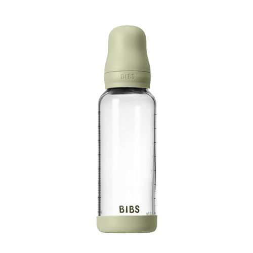 Image of BIBS Baby Glass Bottle. 8 US fl oz / 240 ml. Anti-Colic. Vented Round Natural Rubber Latex Nipple. Supports Natural Breastfeeding, Medium Flow, Complete Set - Sage