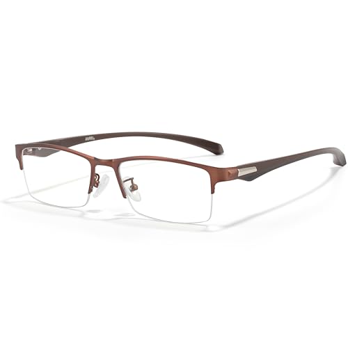 ANRRI Lunettes anti-lumière bleue pour hommes, monture rectangulaire semi-sans monture en métal, lunettes d'ordinateur bloquant les UV, hommes femmes (Brun, 1.50, x)