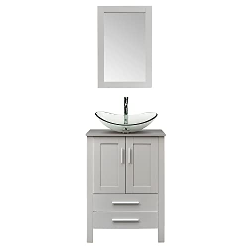Puluomis 24-Inch Bathroom Vanity With Clear Boat Glass Sink, Grey Modern Wood Fixture Stand Pedestal Cabinet With Mirror #TOP19