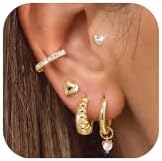 14K Gold Plated Hoop Earrings for Women - 5 Pairs Sterling Silver Post Huggie Earring Stacks for Multiple Piercing Trendy Cartilage Hypoallergenic Earings for Sensitive Ears