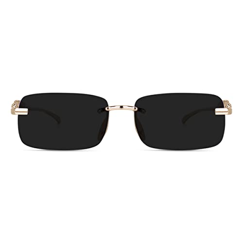 Image of Sunglasses Rimlass Luxury Vintage Rectangular Premium Designer UV400 Protected | Gold Frame Unisex Eyewear (Black)