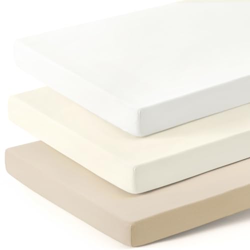 Image of GRSSDER Mini Crib Sheets Fitted, Pack and Play Sheets 3 Pack, Ultra Soft Stretchy Pack N Play Sheets, Universal Fit for Playard Mattress, Jersey Crib Sheets Neutral for Boys and Girls, Cream/Beige