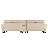SOFTWEARY Big-Sofa mit Zwischentisch, Getränkehaltern und USB-Anschlüssen, inkl. Loser Zier- und Rückenkissen, Leinen Bezug (beige mit Zwischentisch)