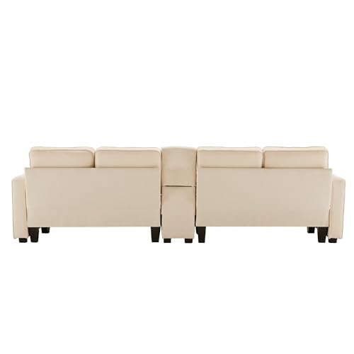 SOFTWEARY Big-Sofa mit Zwischentisch, Getränkehaltern und USB-Anschlüssen, inkl. Loser Zier- und Rückenkissen, Leinen Bezug (beige mit Zwischentisch)