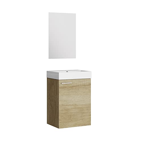 Conjunto De Mueble De Baño 45cm. Distribución De Una Puerta, Suspendido En Pared, con Lavabo cerámico y Espejo. Acabado Nature. Melamina 16. 45 x 60 x 36 cm. Mueble MONTADO