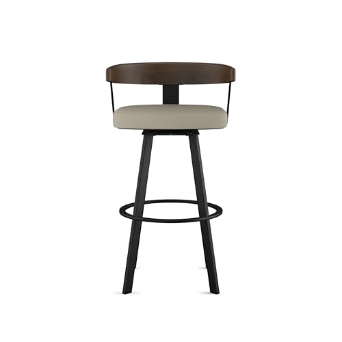 Image of Amisco Lars 26 inch Swivel Counter Height Barstool, Upholstered Stool with Solid Wood Back and Arms for Kitchen Island or Bar, Drees Stool, Greige Faux Leather /Brown Wood /Black Metal