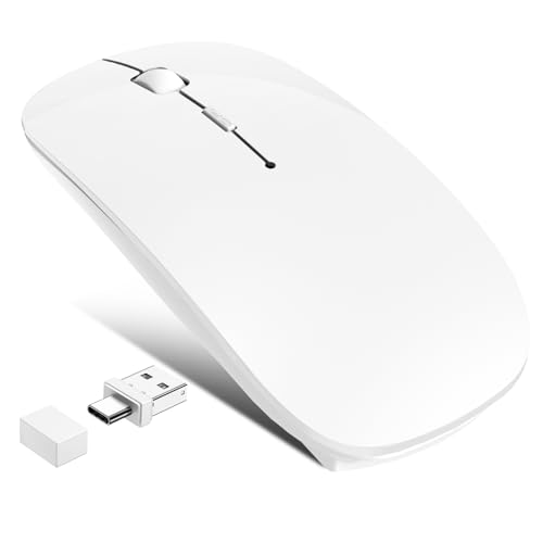 Azmall Kabellose Bluetooth Maus für MacBook Pro/Air/iPad/Laptop/Desktop/Mac/Computer/PC – Elegante, Tragbare, Leise, Wiederaufladbare, Leichte Maus – Büromaus mit USB-C-Adapter (Weiß)