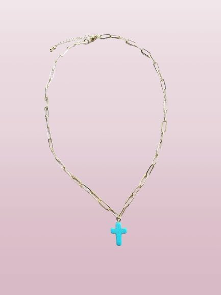 Turquoise Cross Necklace Gold Paperclip Chain Jewelry Faith Gift For Her Dainty - Image 5