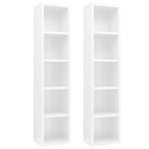 vidaXL 2x Armoires à CD Etagères à CD Meubles de Rangement avec 5 Compartiments Bureau Salon Maison Intérieur Blanc Brillant 21x16x93,5 cm