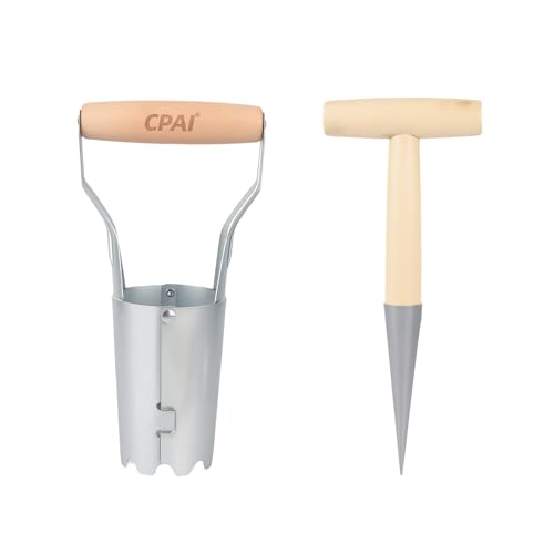 2pcs Planting Seed Planter Tool - Stainless Garden Dibber with Handle and Depth Mark for Planting Seed Planter Tool Steel Hand Bulb Planter Garden Dibber Tool for Garden Transplanting