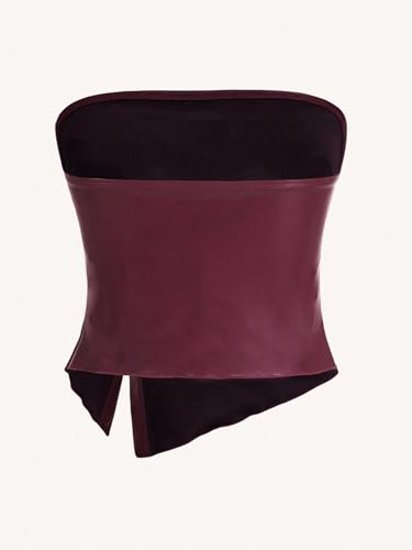 Milumia Women's Ruched Pu Leather Tube Top Strapless Split Hem Bandeaus Partywear2