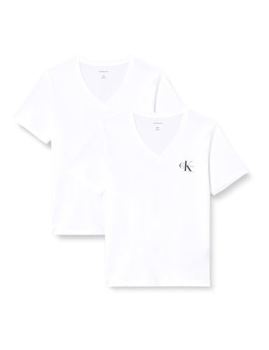 Calvin Klein Damen 2er Pack T-Shirts Kurzarm Logo Tee mit V-Ausschnitt, Weiß (Brilliant White), XS – Ansicht 1