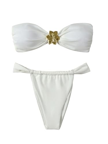 GORGLITTER Women's Flower Strapless Bandeau Swimsuit High Cut String Thong Bikini Set Bathing Suit