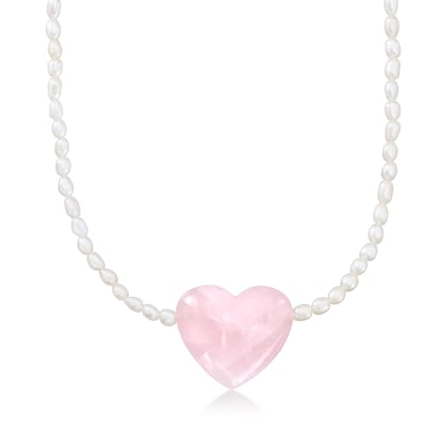 Ross-Simons 4-4.5mm Cultured Pearl and 55.00 Carat Rose Quartz Heart Necklace With 18kt Gold Over Sterling. 18 inches