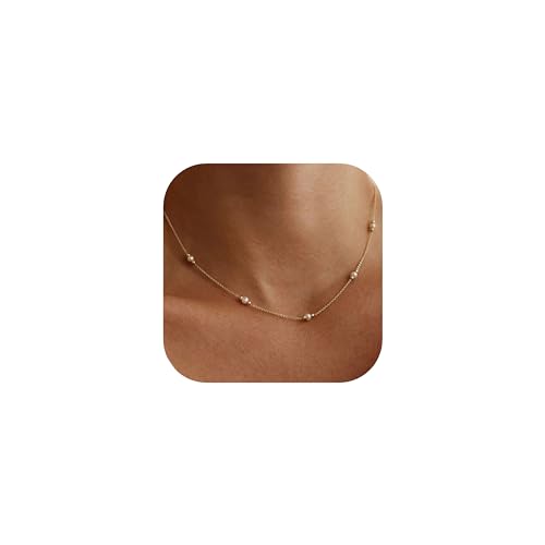 Dainty Pearl Gold Necklace for Women with CZ Choker 14K Gold Plated Chain Wedding Trendy Bridesmaid Cute Jewelry Gift