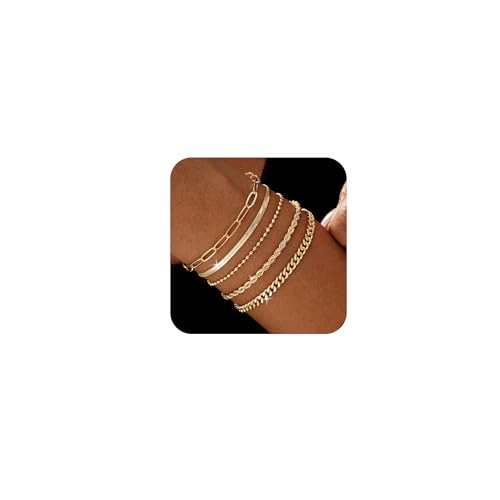 BBV Gold Bracelets for Women Stackable Bracelet Set, 5pcs Layered Dainty Waterproof Beaded, Figaro, Cuban, Rope, Paperclip, Snake Chain, Non Tarnish, Adjustable Jewelry Gifts