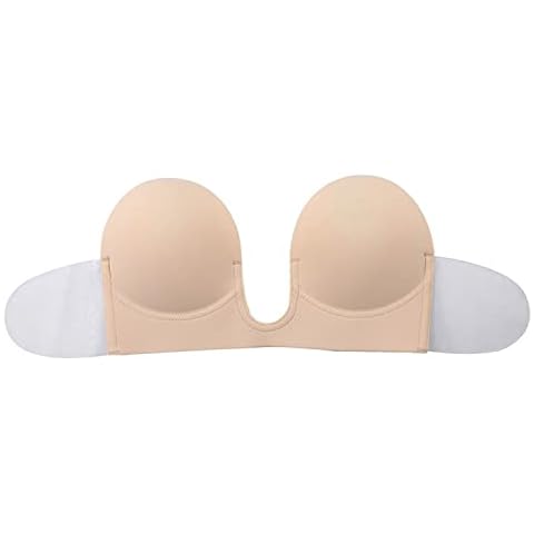 HMCEY Strapless Push Up Bra for Women Clear Back Invisible Adhesive Bras Padded Silicone Lift Sticky Bra for Backless Dresses Nude Cover