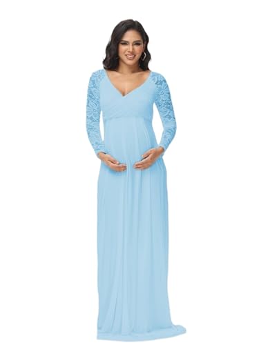 Ropa Premama Embarazada Vestido de fotografía de Maternidad con Encaje, Cuello en V, Manga Larga, maxivestido Elegante for fotografía de Baby Shower para Premamá(Light Blue,L)
