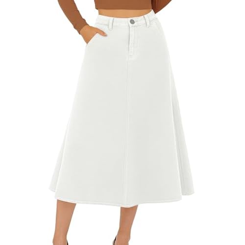 HUSKARY Women's Stretchy High Wasited A Line Long Maxi Jean Skirt Below Knee Length Flared Midi Denim Skirts with Pockets XX-Large White