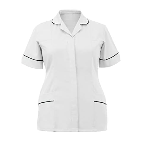 Women's Nurses Tunic Uniform Clinic Carer Lapel Protective Clothing Tops Solid Color V Neck Button Down Maid Carer Protective Clothing Workwear White Cover