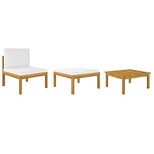 Tidyard 3-TLG. Garten-Lounge-Set mit Cremeweiß Auflagen Loungesofa Gartenloungeset mit 1 Tisch GartenSitzgruppe Gartengarnitur Sofanitur Balkonmöbel Terrassesofaset Gartenmöbel Akazie Massivholz