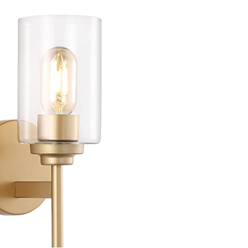 Image of JONATHAN Y 13 inch Brass Gold /Clear Industrial Farmhouse LED Wall Sconce, with Clear Glass Cylinder Shade, 1-Light Iron Vanity Light for Bathroom Mirror Hallway Bedroom (JYL9547B)