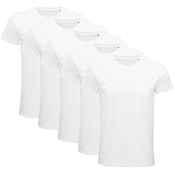 Lote de 5 Camisetas orgánicas para Hombre, de Manga Corta, 100% algodón, procedente de la Agricultura orgánica, Lote de 5 Camisetas de Colores Disponibles, Blanco, Negro, Camiseta de Calidad, Blanco