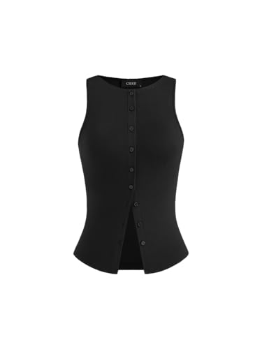 CIDER Womens Button Down Tank Tops Summer Ribbed Vest Open Front Sleeveless Tight Crop Going Out Tops Black