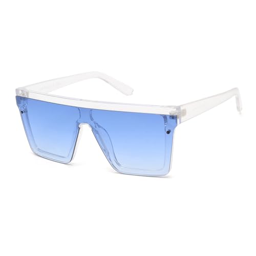 JIM HALO Flat Top Shield Sunglasses Square Mirror Rimless Glasses for Women Men (Clear Frame/Gradient Blue Lens)
