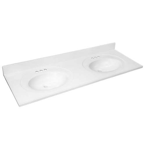 Image of Design House Cultured Marble Vanity Top, 61 in W x 22 in D, 2 Integrated 4 in Centerset Oval Sink & Backsplash, Solid White, 597393