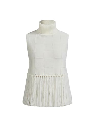 MakeMeChic Women's High Neck Fringe Trim Sweater Vest Tops Sleeveless Slim Fit Knit Tops