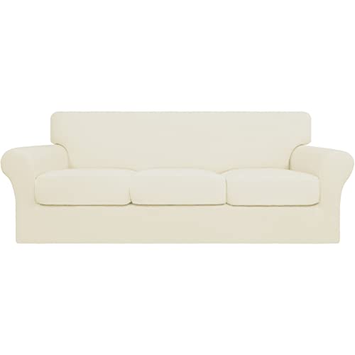 Image of Easy-Going 4 Pieces Stretch Sofa Cover for 3 Cushion Couch Washable | Sofa Slipcover for Stretch 3 Separate Sectional Cushion Couch - Furniture Protector for Pets, Kids Ivory
