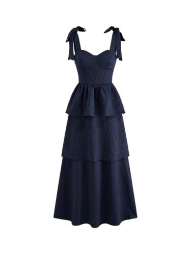 CIDER Maxi Dress Bowknot Layered High Waist Solid Scoop Neck Elegant Party Jacquard Sleeveless A Line Dress