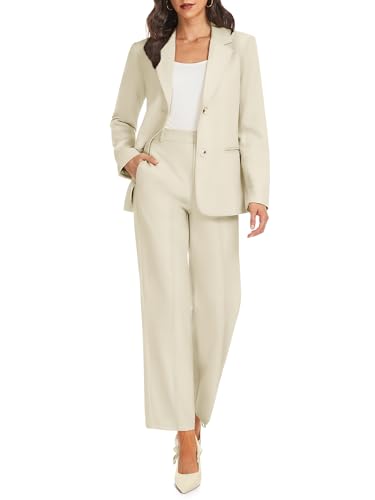Casly Lamiit Pant Suit Women 2 Piece Outfits Business Casual Blazer Set Straight Leg Pants Fall Trendy Office Dressy Professional Clothes Beige M