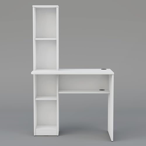 Image of Studio Kook Champion Engineered Wood Study Table with Storage, Matte Finish, 5 Shelves (Moonshine White)