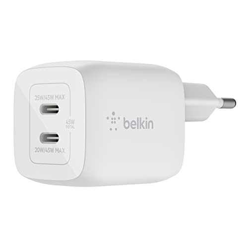Belkin Chargeur secteur double port USB-C 45 W, charge rapide Power Delivery 3.0 avec technologie GaN pour iPhone 14, iPhone 13, Pro, Pro Max, Mini, iPad Pro, MacBook, Galaxy S23, S22 et autres